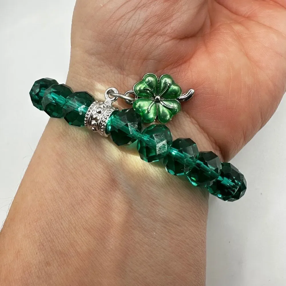 SALE! Green faceted glass‎ crystal beaded stretch bracelet with shamrock charm!
